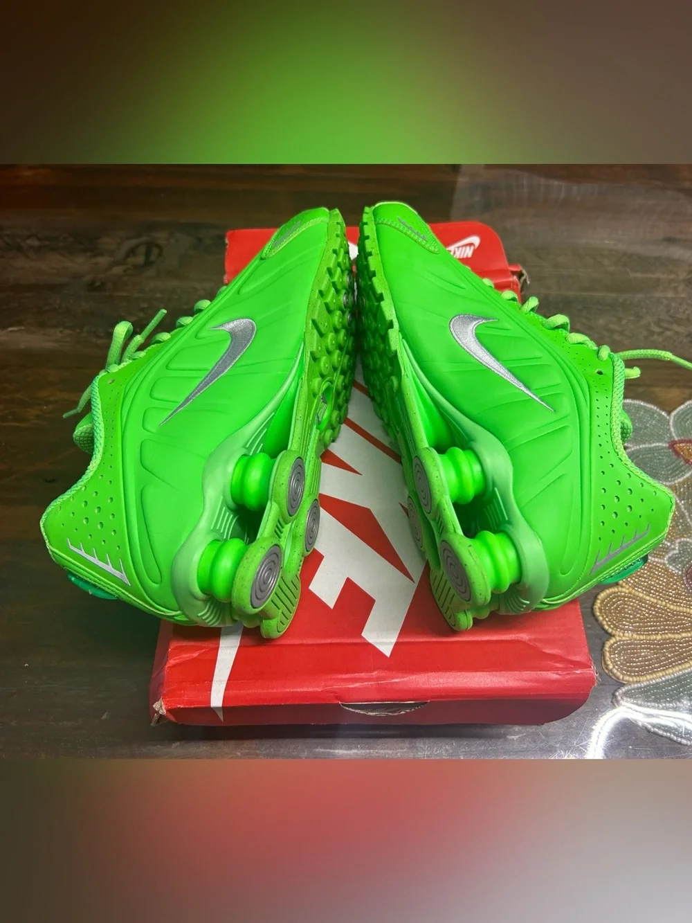 Nike Kids' Neon Green Shox Sneakers with Silver Swoosh